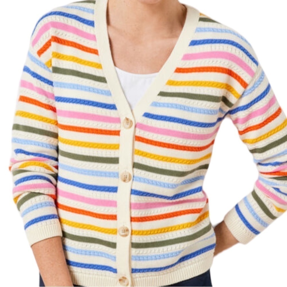 Talbots Multicolor Striped Openwork Button Cardigan - White Base